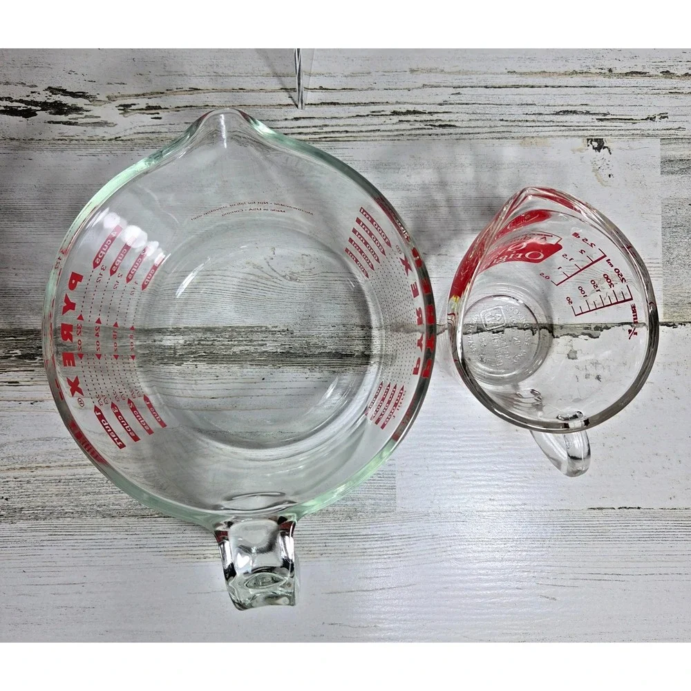 Vintage Pyrex 4 Cup & Anchor Hocking 1 Cup Measuring Cups Set Red Letters CHIP